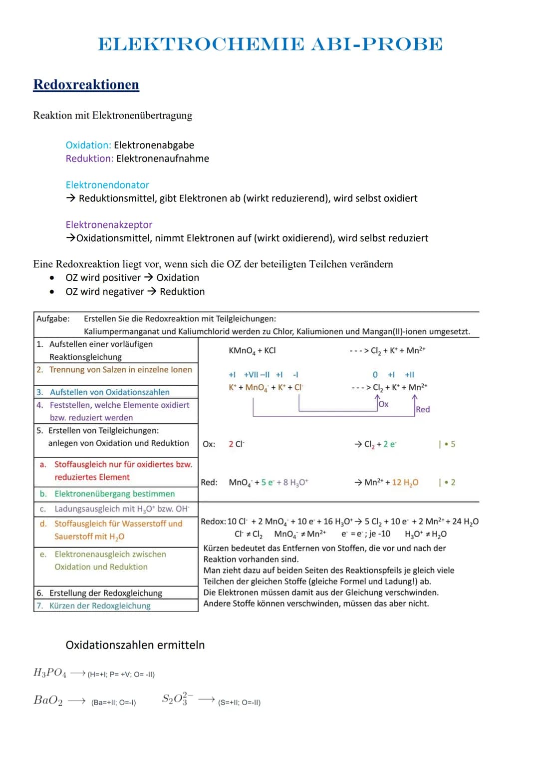 ELEKTROCHEMIE ABI-PROBE
Redoxreaktionen
Reaktion mit Elektronenübertragung
Oxidation: Elektronenabgabe
Reduktion: Elektronenaufnahme
Elektro