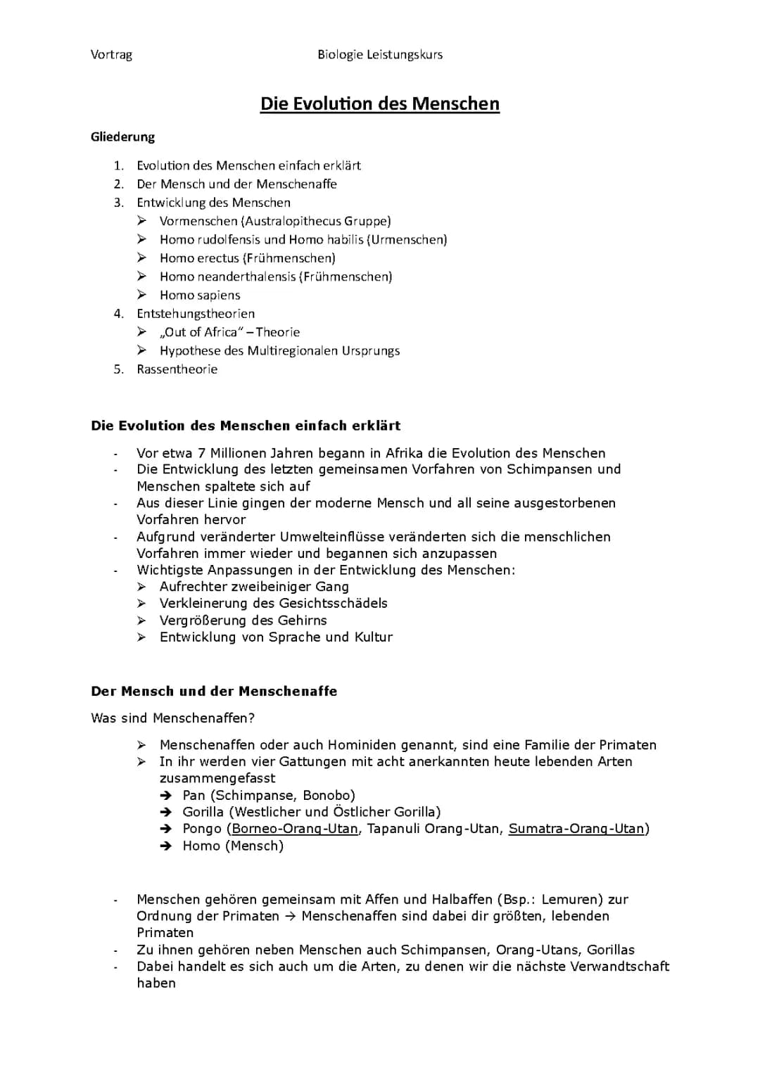 Evolution des Menschen - Stichpunktzettel