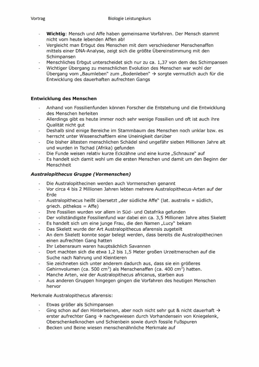 Vortrag
Biologie Leistungskurs
Gliederung
1. Evolution des Menschen einfach erklärt
Der Mensch und der Menschenaffe
2.
3.
Entwicklung des Me