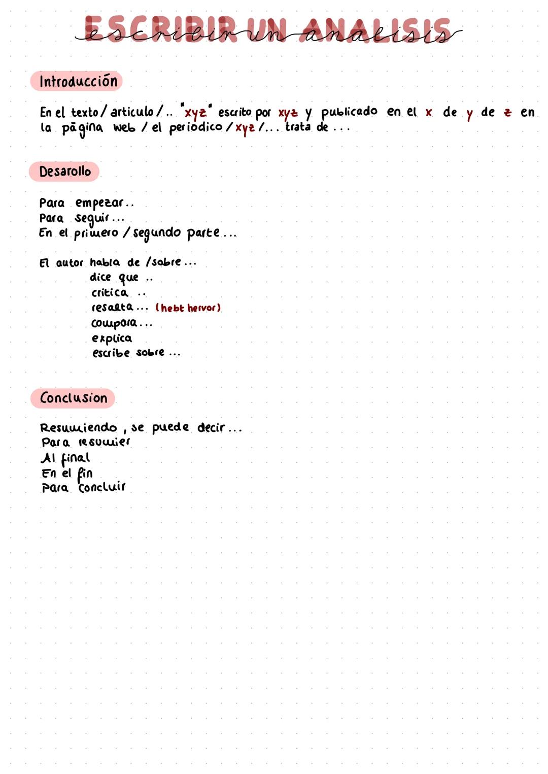 ESCRIBIR Un analisis
Introducción
En el texto/articulo/... "xyz" escrito por xyz y publicado en el x de y de z en
la pagina web/ el periodic