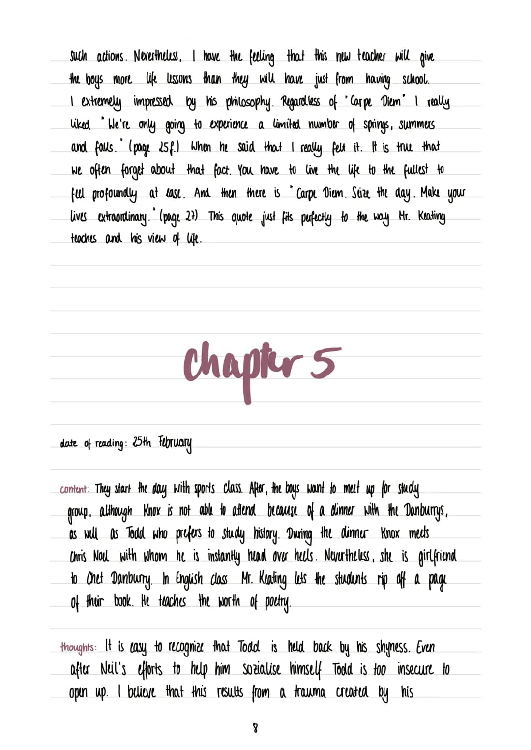 NANCY H. KLEINBAUM
DEAD
POETS
SOCIETY
ASSIGNMENT: READING JOURNAL
SUBJECT: ENGLISH
AUTHOR: MELISSA DESIDERIA SCHUTT
CLASS: 10B table of cont
