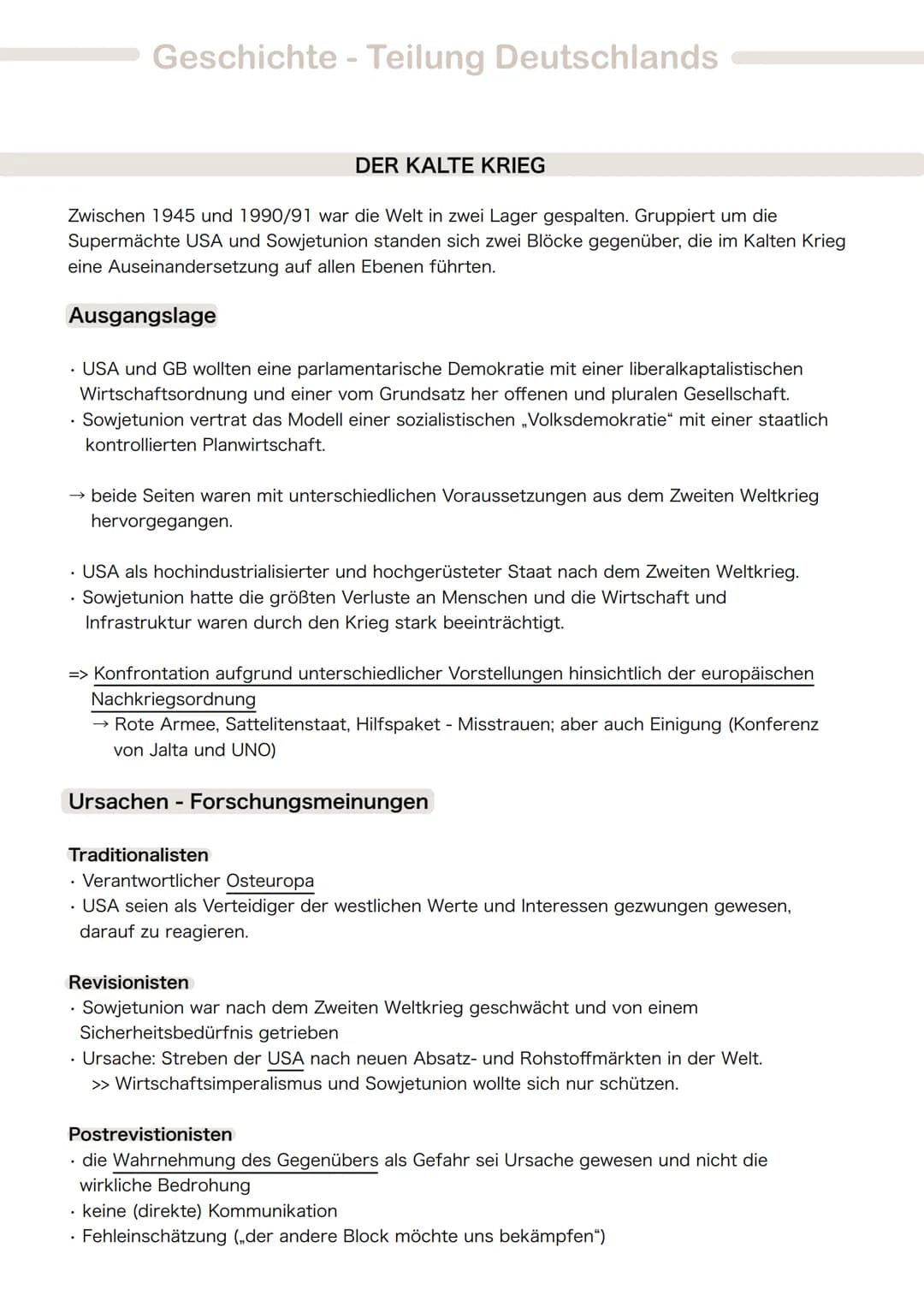 Geschichte - Teilung Deutschlands
DER KALTE KRIEG
Zwischen 1945 und 1990/91 war die Welt in zwei Lager gespalten. Gruppiert um die
Supermäch