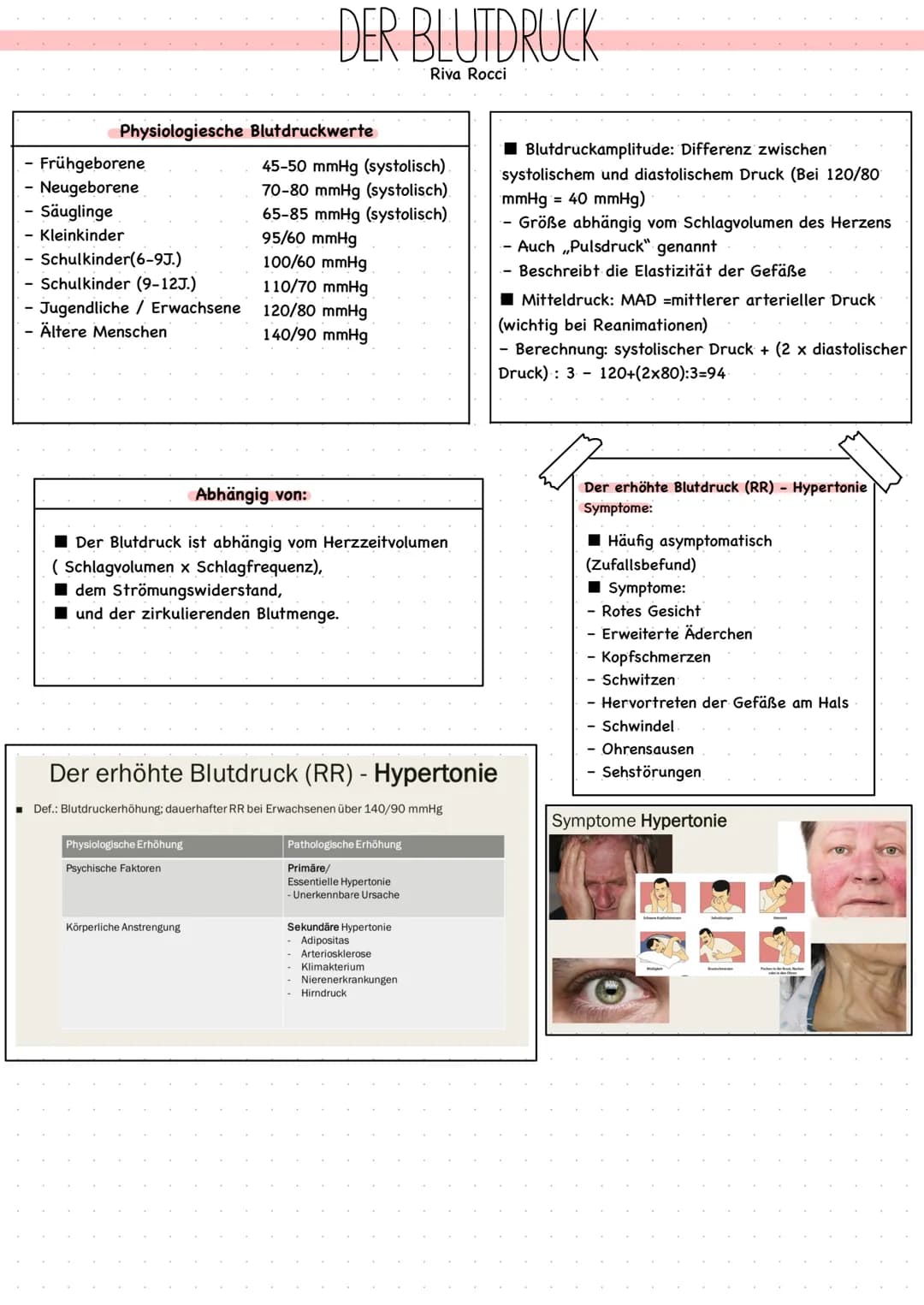 Messmethoden
Def.: Der Blutdruck ist die Kraft, die das Blut auf die Gefäßwände der Arterien und Venen
ausübt
Riva Rocci = RR = benannt nach