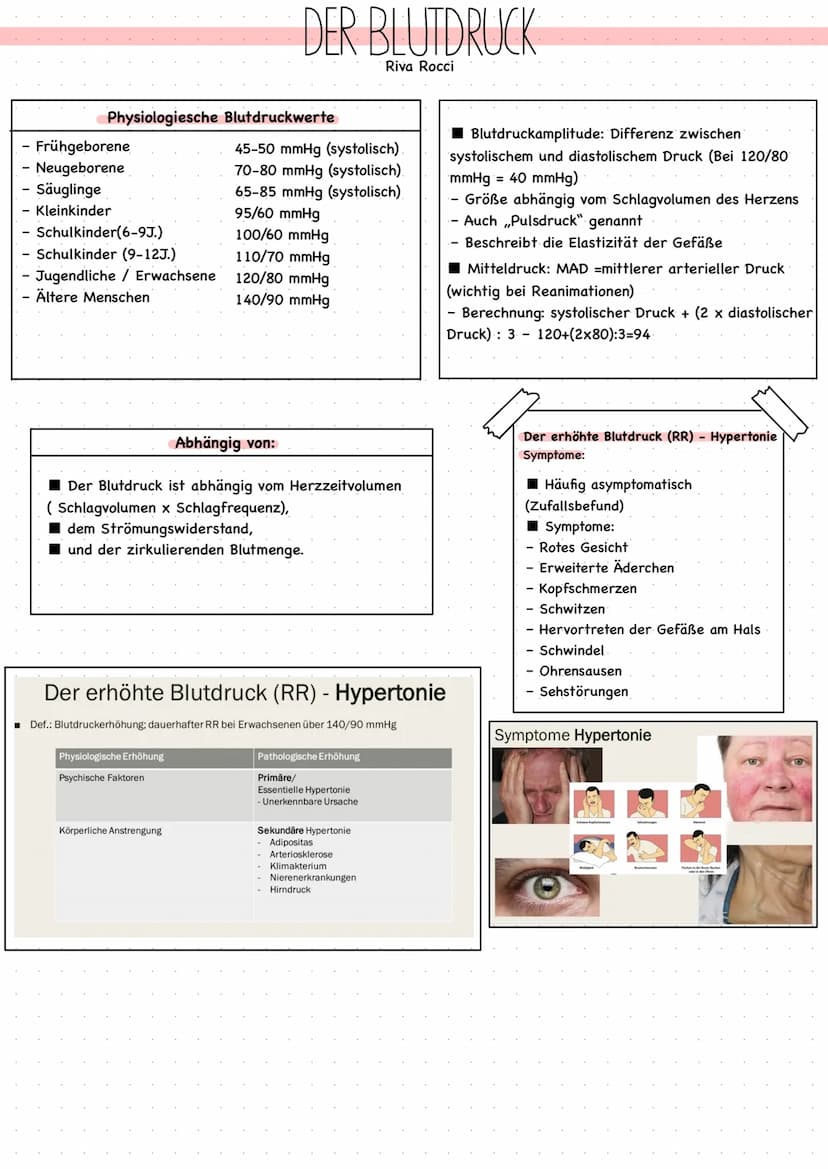Messmethoden
Def.: Der Blutdruck ist die Kraft, die das Blut auf die Gefäßwände der Arterien und Venen
ausübt
Riva Rocci = RR = benannt nach