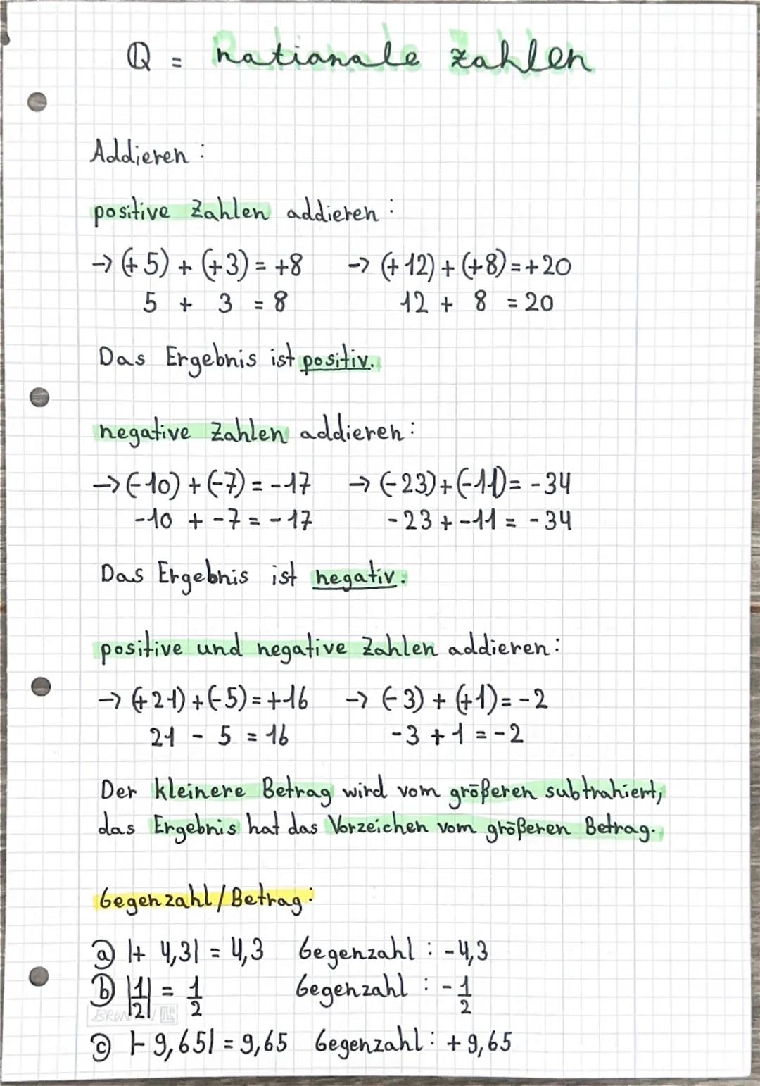 Q = rationale Zahlen
Addieren:
positive Zahlen addieren:
→ (+5) + (+3) = +8  → (+12) + (+8)=+20
5 + 3 = 8
12 + 8 = 20
Das Ergebnis ist posit