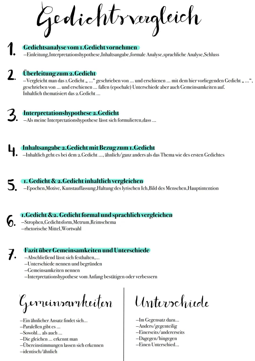 1 Gedichtsanalyse vom 1. Gedicht vornehmen
-Einleitung, Interpretationshypothese,Inhaltsangabe,formale Analyse,sprachliche Analyse, Schluss
