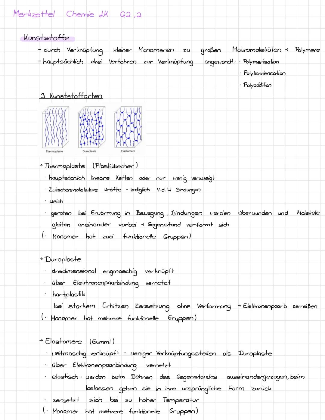 Merkzettel Chemie K
Kunststoffe
- durch Verknüpfung kleiner Monomeren zu
- hauptsächlich drei Verfahren zur Verknüpfung
3 Kunststoffarten
Th