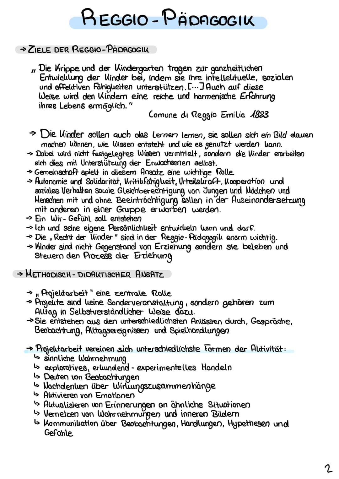 REGGIO-PÄDAGOGIK
→ METHODISCH - DIDAKTISCHER ANBATZ
Projektarbeit vereinen sich unterschiedlichste Formen der Aktivität:
Darstellen der pers