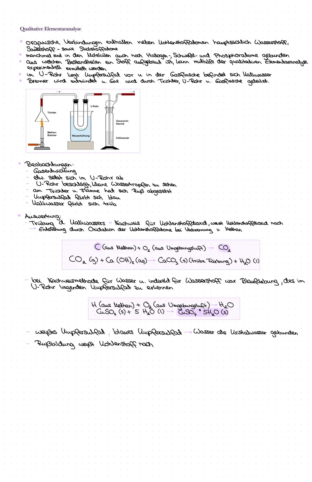 Qualitative Elementaranalyse
organische Verbindungen enthalten neben Kohlenstoffatomen hauptsächlich Wasserstoff,
Sauerstoff- sowie
Sticksto