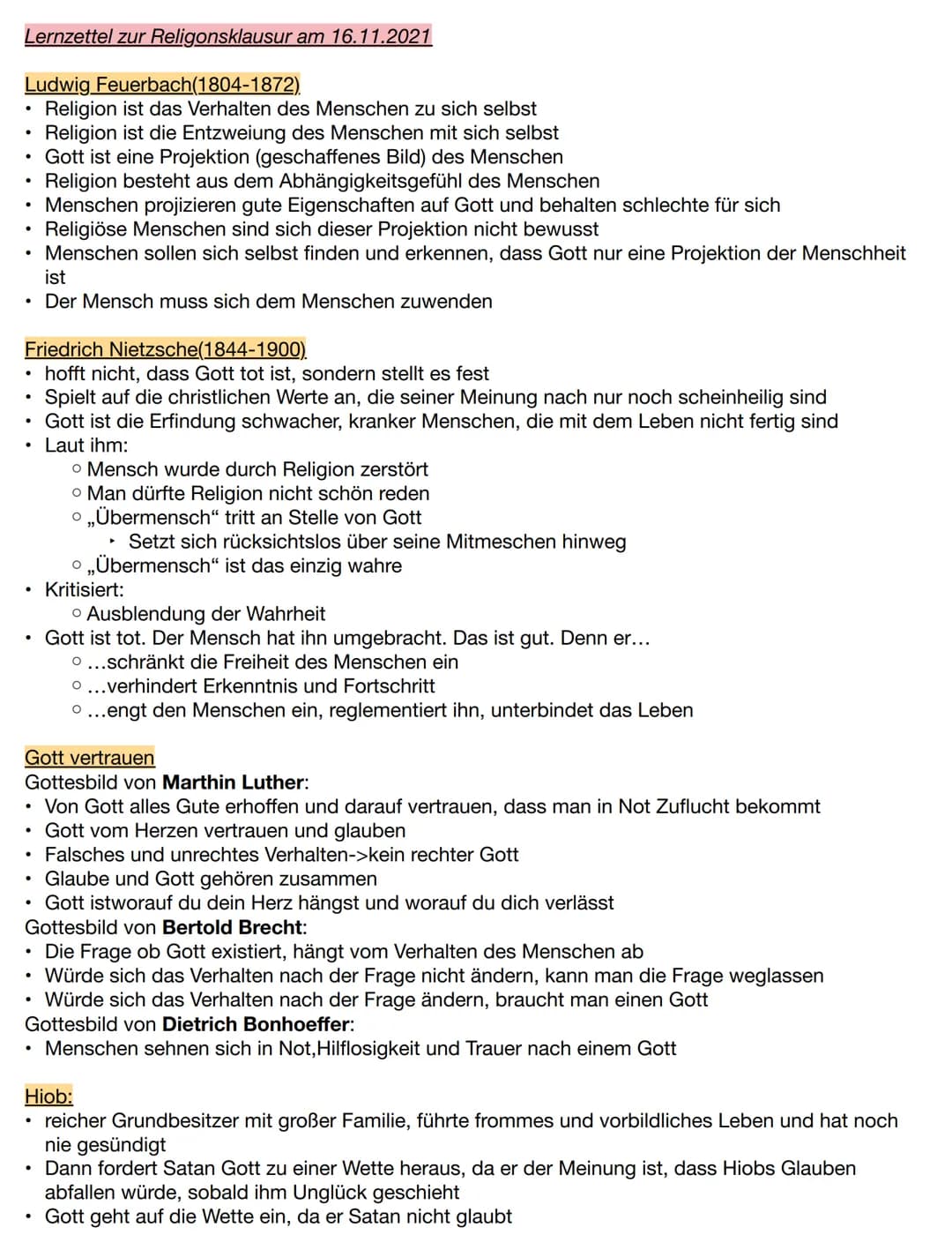Lernzettel zur Religonsklausur am 16.11.2021
Ludwig Feuerbach(1804-1872)
Religion ist das Verhalten des Menschen zu sich selbst
Religion ist
