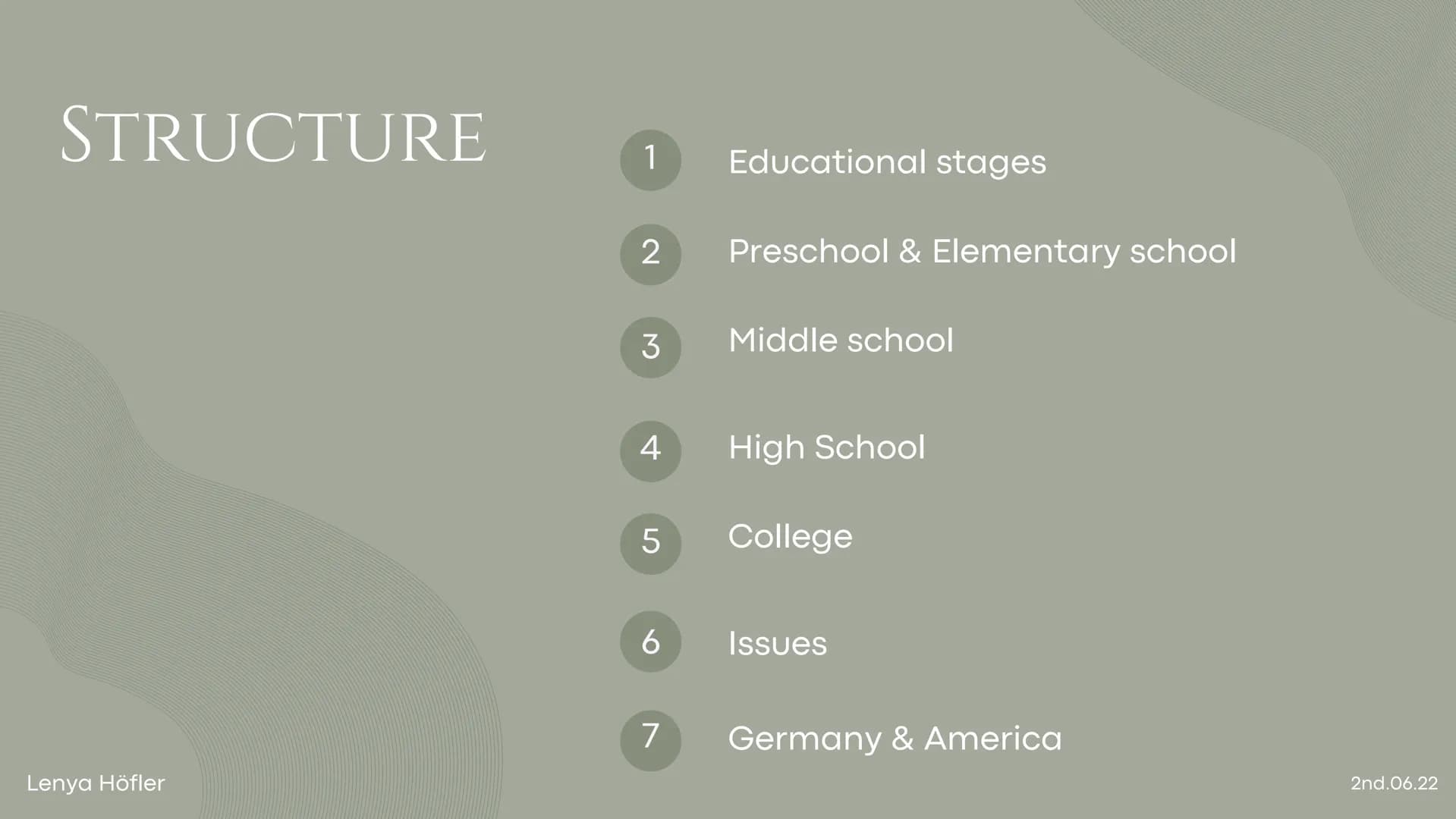 California
THE
AMERICAN
SCHOOL SYSTEM STRUCTURE
Lenya Höfler
1
2
3
4
5
6
7
Educational stages
Preschool & Elementary school
Middle school
Hi