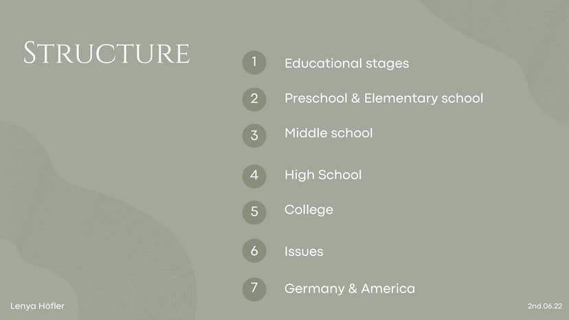 California
THE
AMERICAN
SCHOOL SYSTEM STRUCTURE
Lenya Höfler
1
2
3
4
5
6
7
Educational stages
Preschool & Elementary school
Middle school
Hi