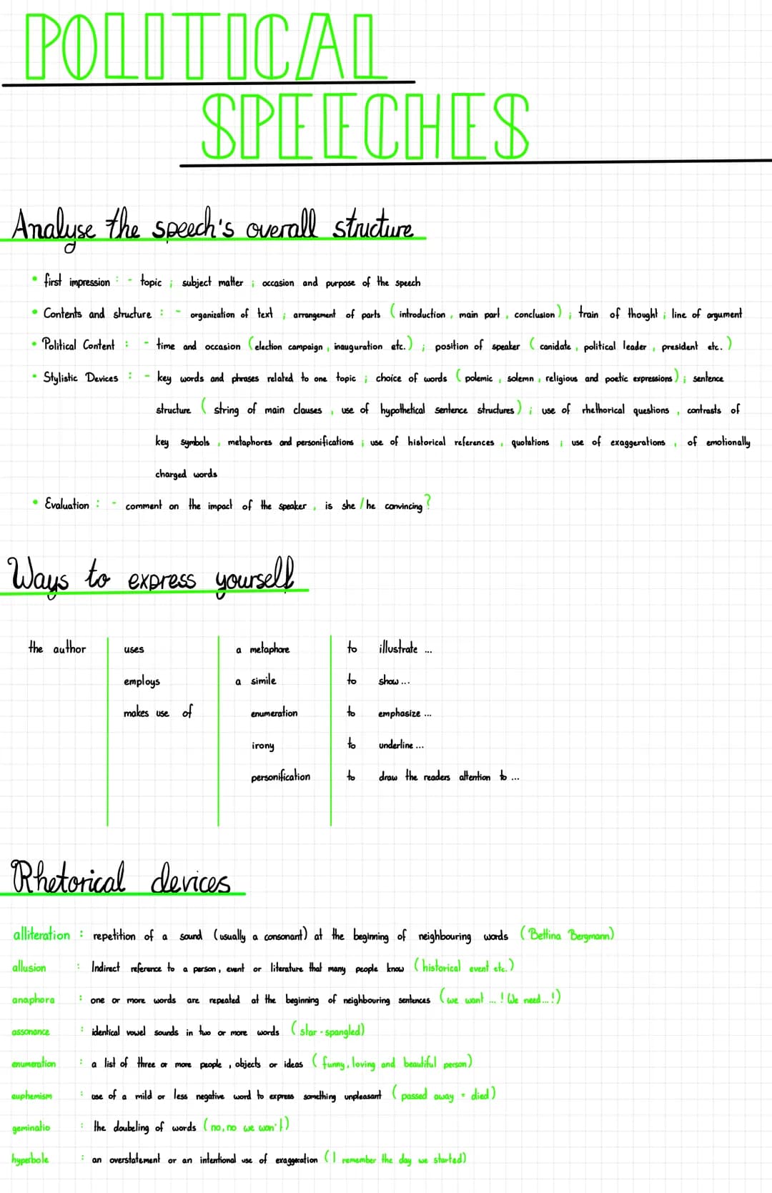 POLITICAL
SPEECHES
Analyse the speech's overall structure
first impression
topic subject matter occasion and purpose of the speech
Contents 