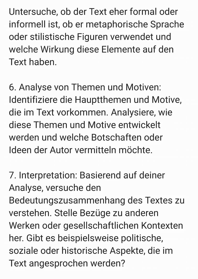 Textanalyse
Eine Textanalyse ist ein strukturierter und
methodischer Ansatz, um einen Text zu
untersuchen und seine verschiedenen
Aspekte zu