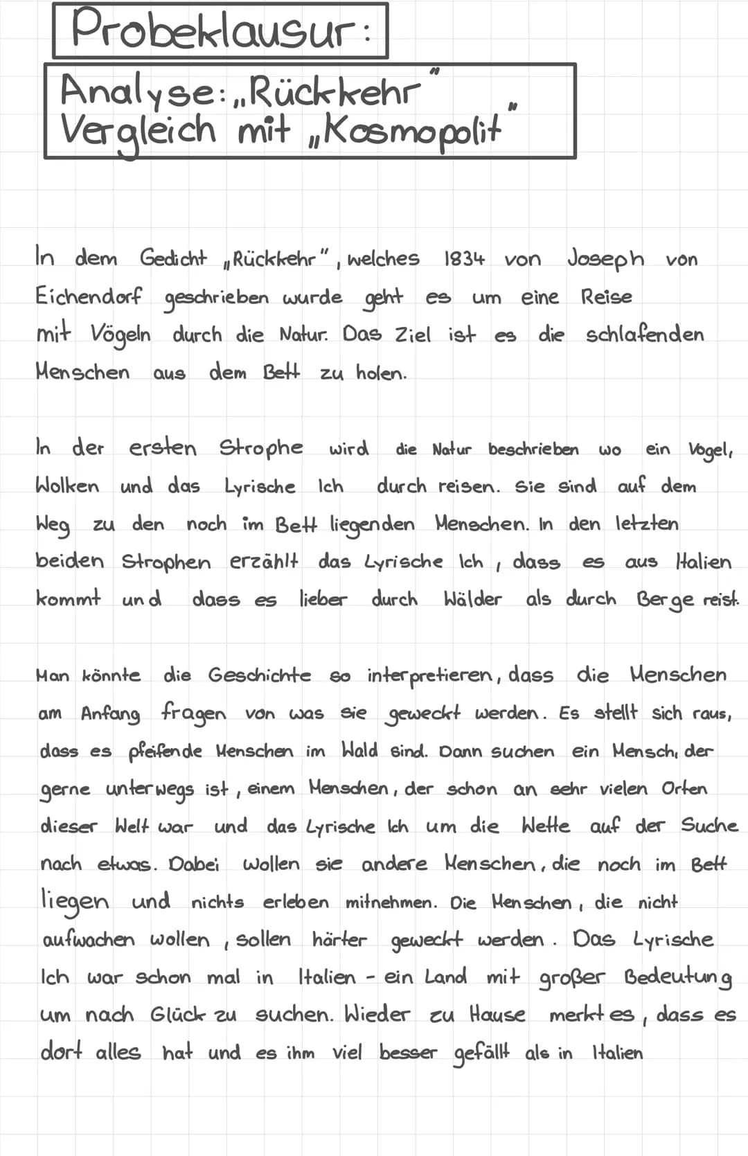 Probeklausur:
Analyse:,Rückkehr
Vergleich mit „Kosmopolit
00
In dem Gedicht Rückkehr", welches 1834 von Joseph von
Eichendorf geschrieben wu