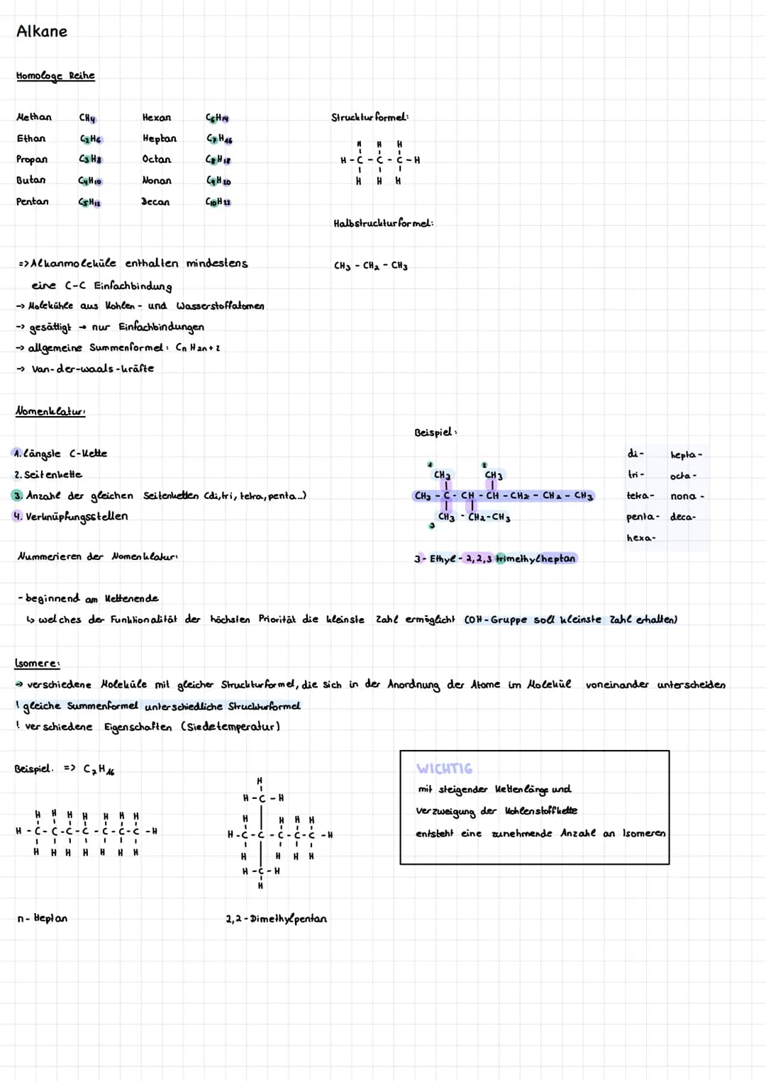 Alkane
Homologe Reihe
Methan CHY
C₂H6
Cs H8
Ethan
Propan
Butan
Pentan
Cylio
(SH₁2
→Van-der-waals-kräfte
Nomenklatur
=> Alkanmoleküle enthalt