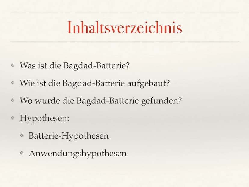 Bagdad-Batterie Inhaltsverzeichnis
* Was ist die Bagdad-Batterie?
* Wie ist die Bagdad-Batterie aufgebaut?
* Wo wurde die Bagdad-Batterie ge