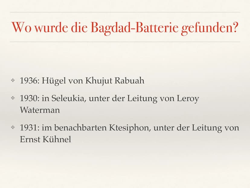 Bagdad-Batterie Inhaltsverzeichnis
* Was ist die Bagdad-Batterie?
* Wie ist die Bagdad-Batterie aufgebaut?
* Wo wurde die Bagdad-Batterie ge
