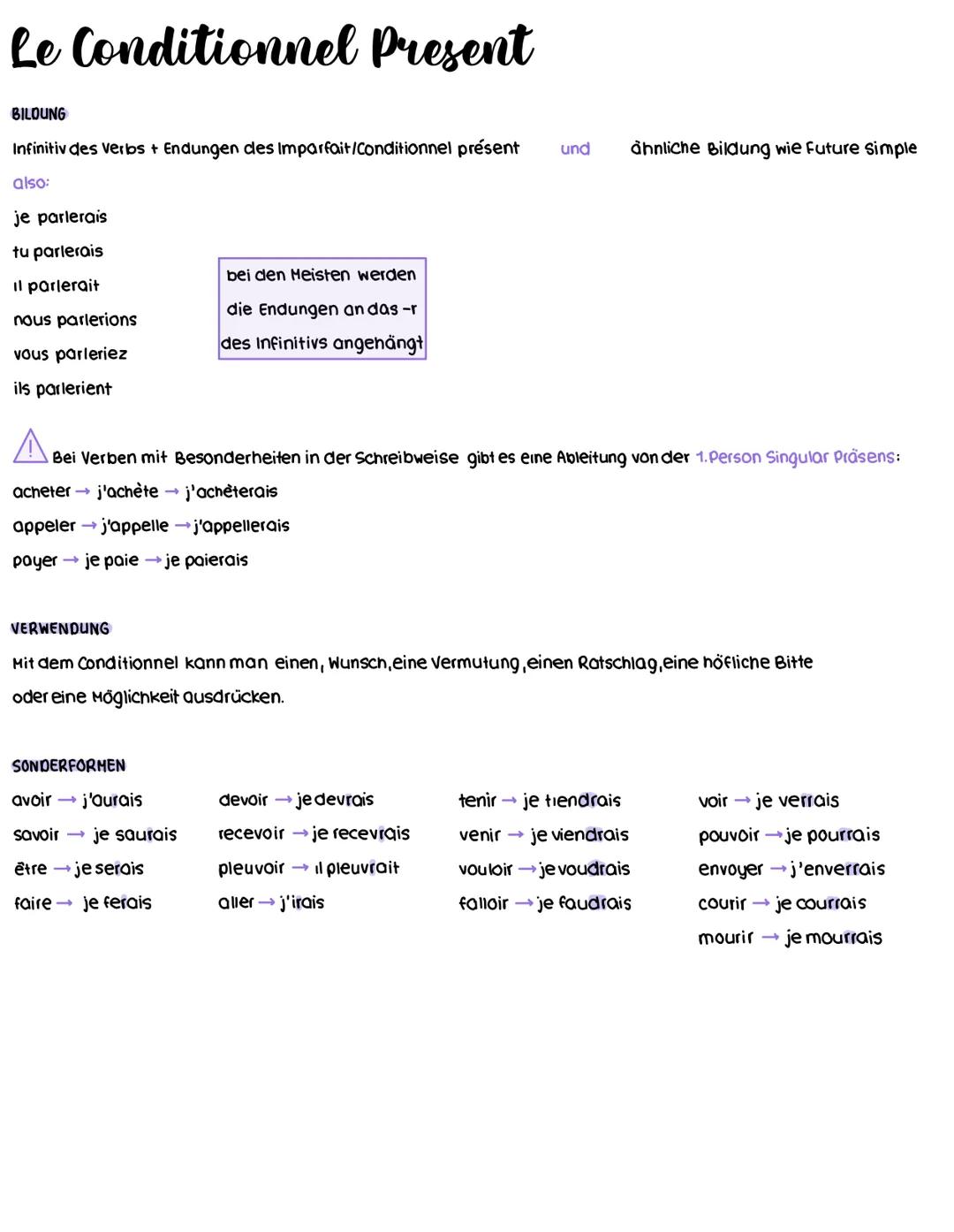 Le Conditionnel Present
BILDUNG
Infinitiv des Verbos + Endungen cles Imparfait/Conditionnel présent und ähnliche Bildung wie Future simple
a
