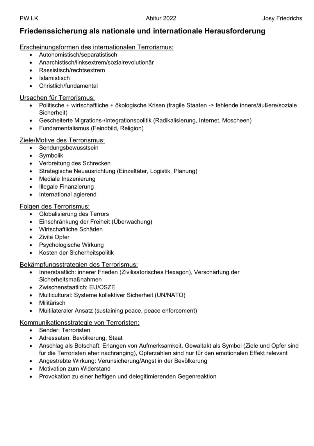 PW LK
Friedenssicherung als nationale und internationale Herausforderung
Erscheinungsformen des internationalen Terrorismus:
Autonomistisch/