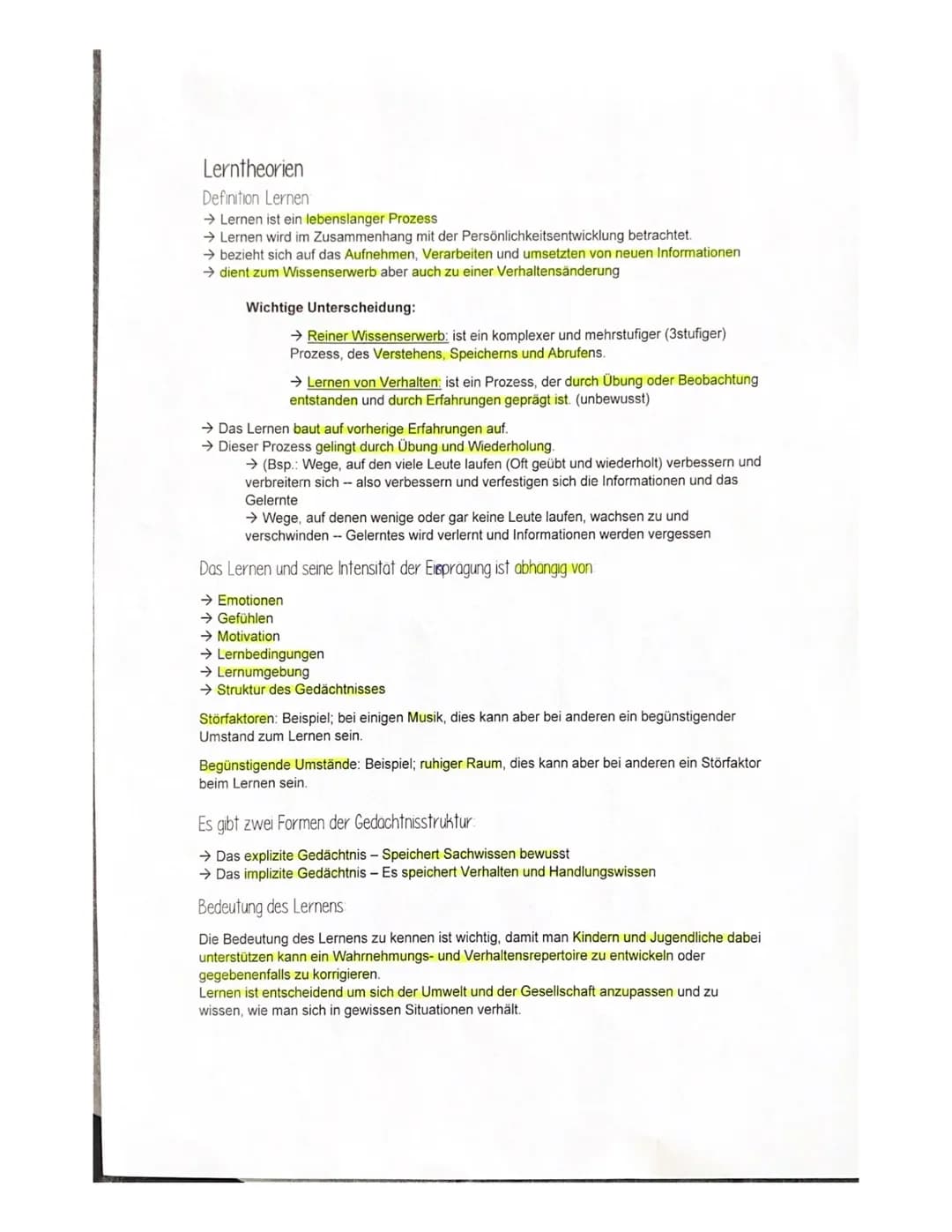 Lerntheorien
Definition Lernen:
→ Lernen ist ein lebenslanger Prozess
→ Lernen wird im Zusammenhang mit der Persönlichkeitsentwicklung betra
