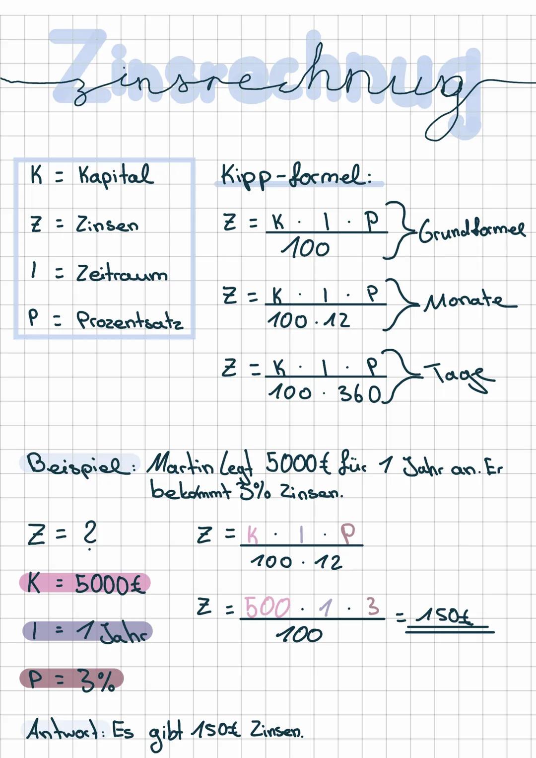 # Zinsrechnung

K = Kapital

Z = Zinsen

1 = Zeitraum

P: Prozentsatz

Kipp-formel:

$Z = K \cdot \frac{1 \cdot P}{100}$ }Grundformel

$Z = 