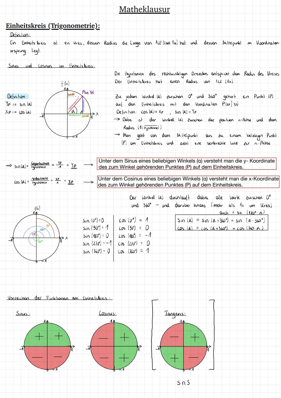 Einheitskreis (Trigonometrie):
Definition:
En Enheits kreis
ursprung
liegt.
Sinus
und
Definition:
Yp := sin (a)
Xp == los (α)
Gegenkathele
⇒