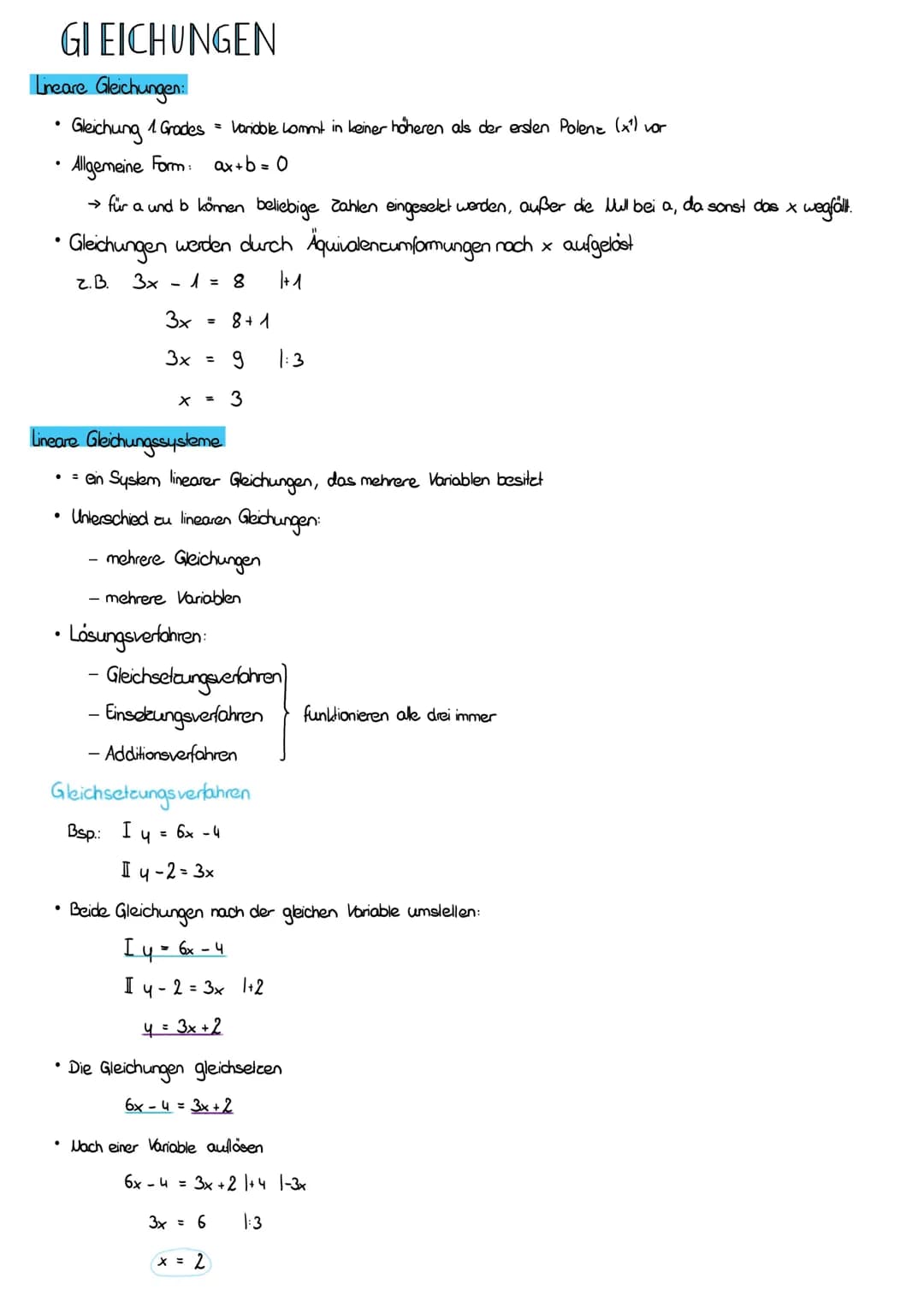 GI EICHUNGEN
Lineare Gleichungen:
Gleichung 1 Grades = Variable kommt in keiner höheren als der ersten Polenz (x²) vor
Allgemeine Form: ax+b