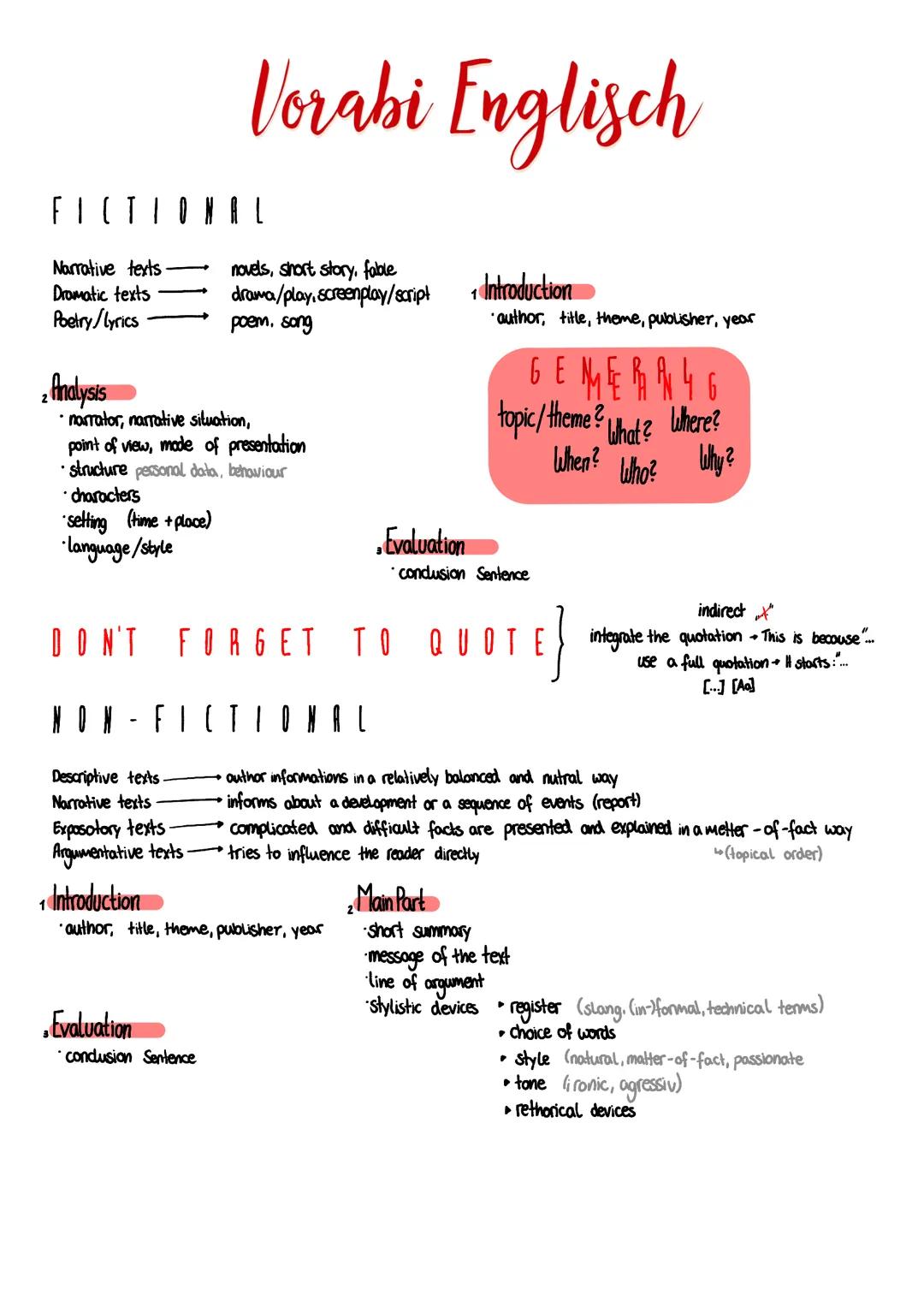 # Vorabi Englisch

F I C T I O N A L

Narrative texts novels, short story, fable

Dramatic texts drama/play, screenplay/script

Poetry/lyric