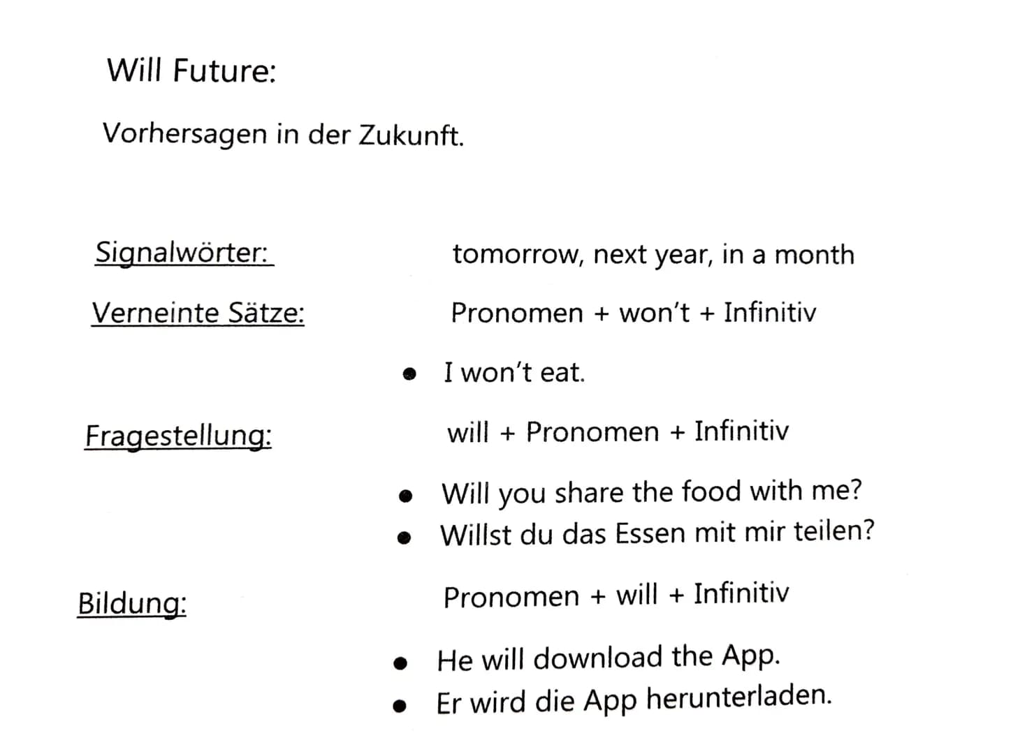 Going to Futur:
Bereits geplante zukünftige Handlungen.
Verneinte Sätze:
Englisch Zeiten
Bildung:
Pronomen + to be + not + going to + infini
