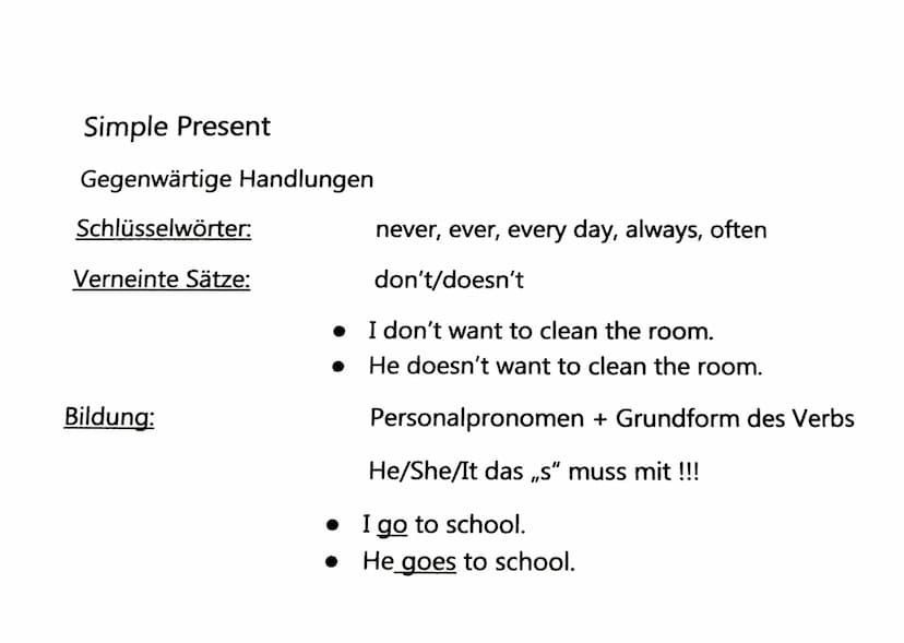 Going to Futur:
Bereits geplante zukünftige Handlungen.
Verneinte Sätze:
Englisch Zeiten
Bildung:
Pronomen + to be + not + going to + infini