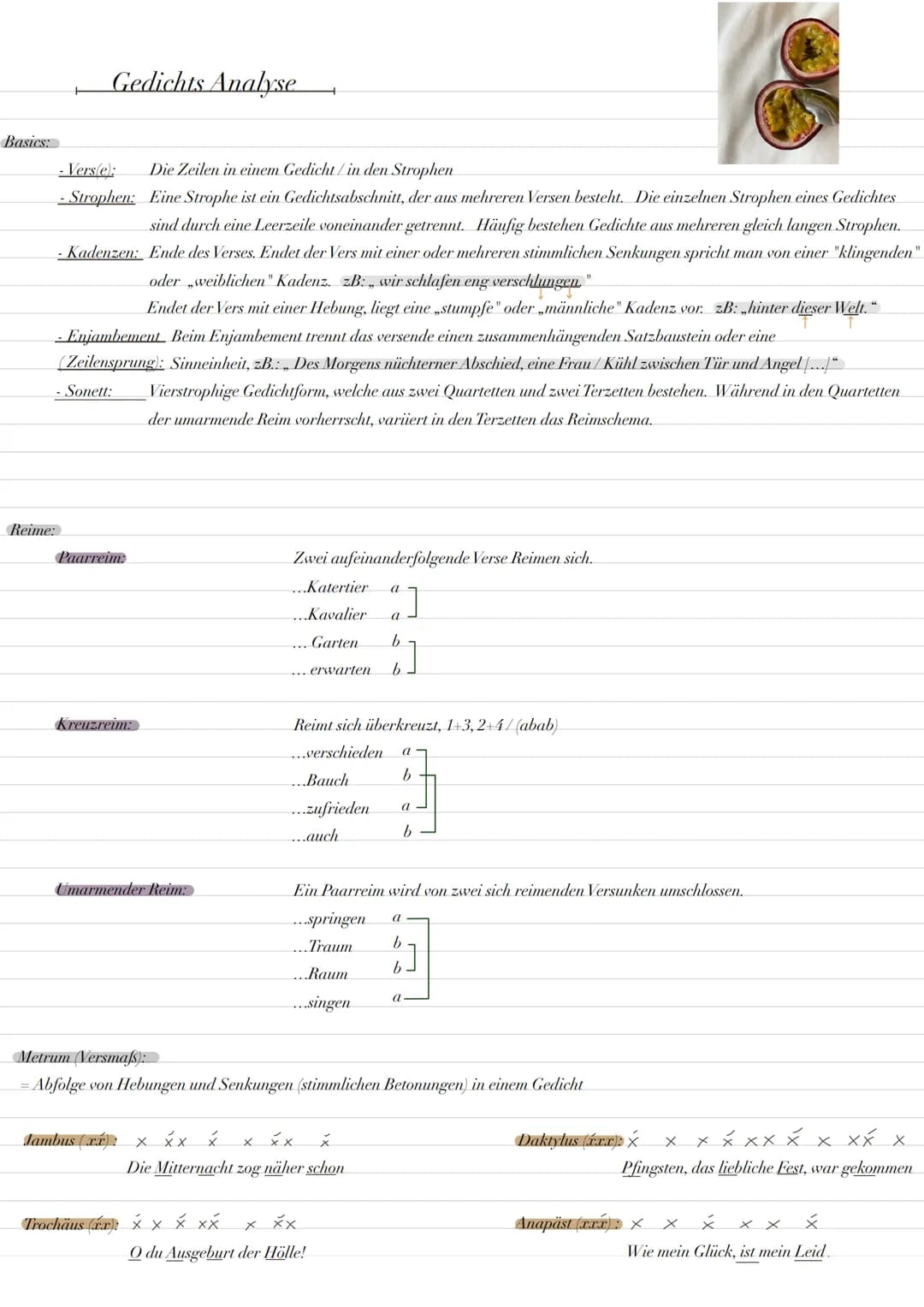 Basics:
Gedichts Analyse
-Vers(e):
Die Zeilen in einem Gedicht/in den Strophen
-Strophen: Eine Strophe ist ein Gedichtsabschnitt, der aus me