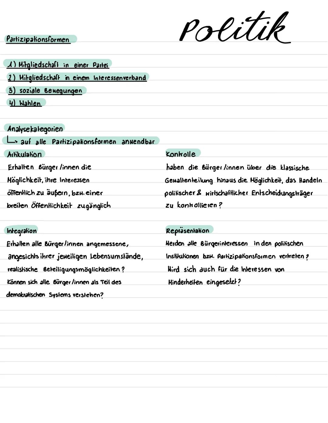 Partizipationsformen
1) Mitgliedschaft in einer Partei
2) Mitgliedschaft in einem Interessenverband
3) soziale Bewegungen
4) Wahlen
Analyse 