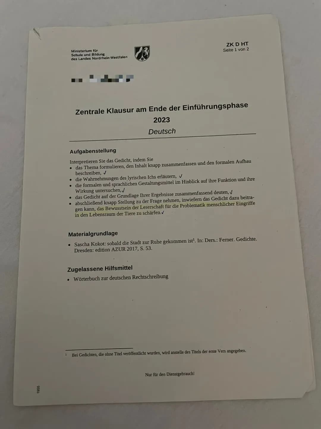 ZK 2023 - Deutsch, Naturlyrik (Note 1)