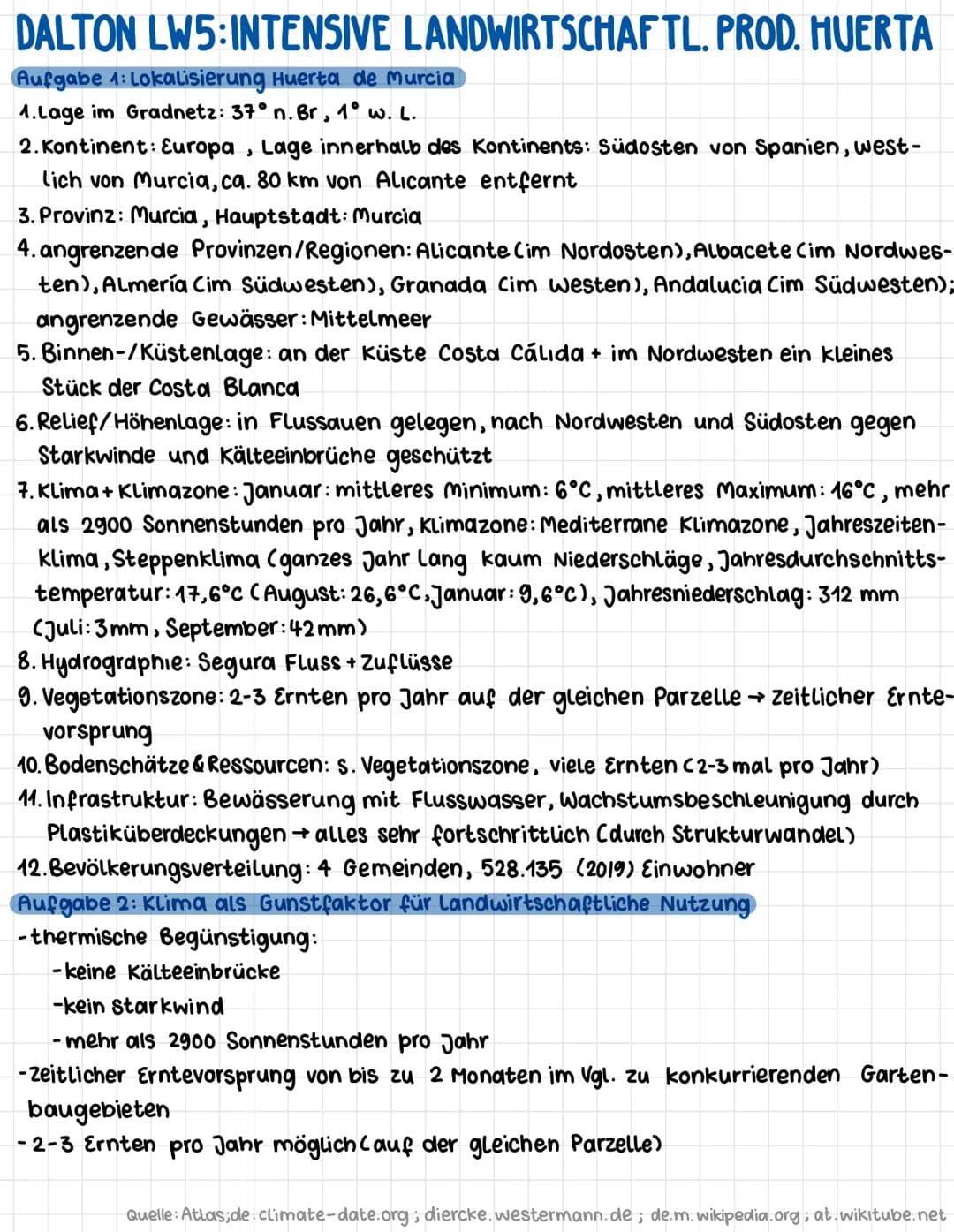 DALTON LW5:INTENSIVE LANDWIRTSCHAFTL. PROD. HUERTA
Aufgabe 1: Lokalisierung Huerta de Murcia
1.Lage im Gradnetz: 37° n. Br, 1° w. L.
2. Kont