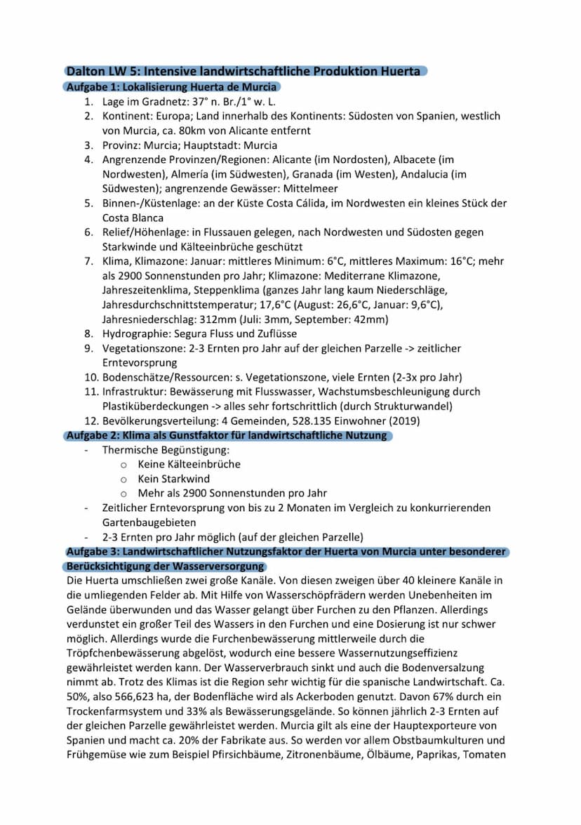 DALTON LW5:INTENSIVE LANDWIRTSCHAFTL. PROD. HUERTA
Aufgabe 1: Lokalisierung Huerta de Murcia
1.Lage im Gradnetz: 37° n. Br, 1° w. L.
2. Kont