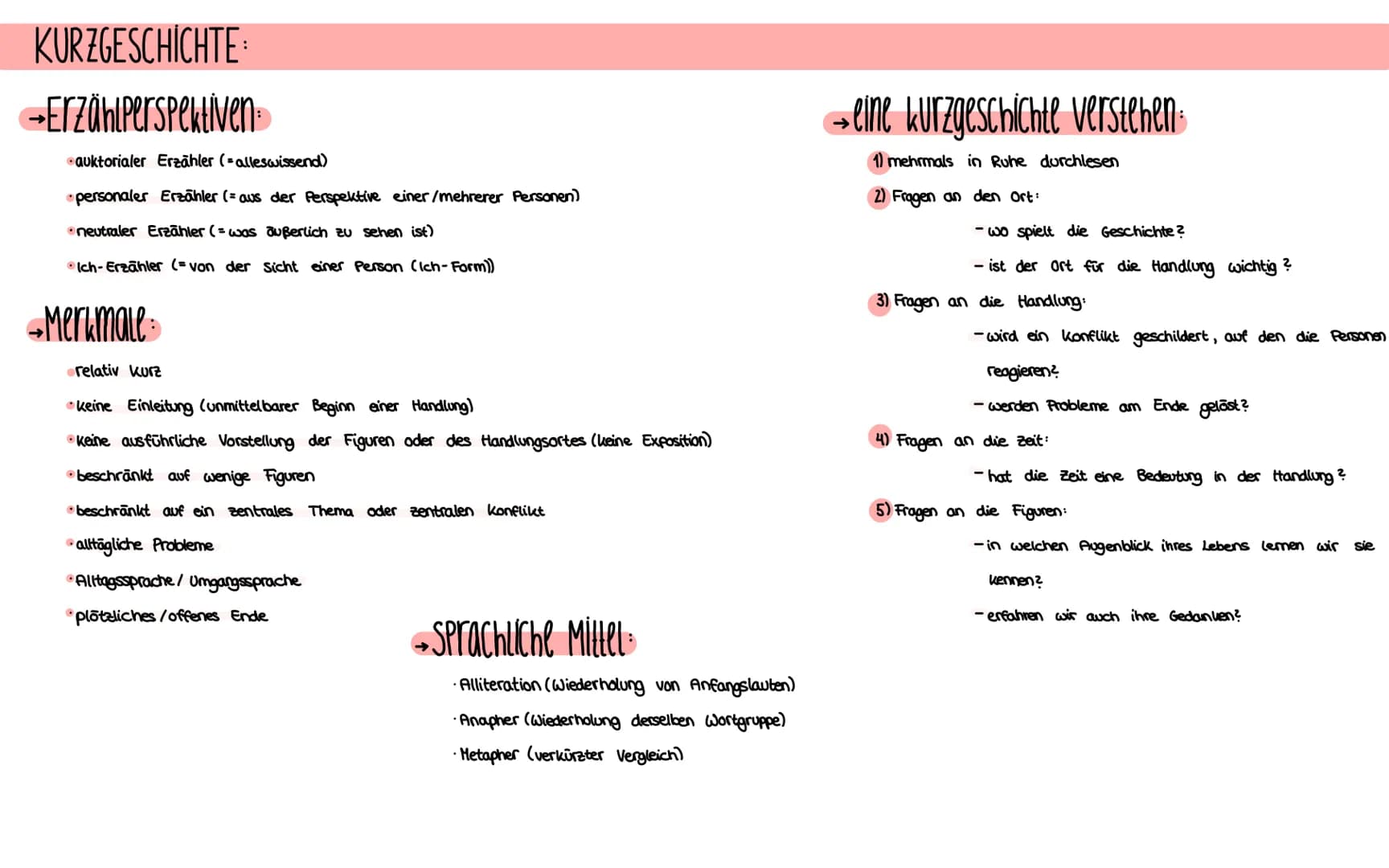 KURZGESCHICHTE:
→Erzählperspektiven
auktorialer Erzähler (=alleswissend)
personaler Erzähler (=aus der Perspektive einer/mehrerer Personen)
