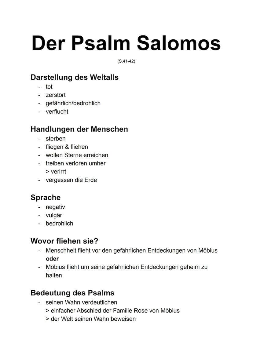 Der Psalm Salomos
Darstellung des Weltalls
tot
zerstört
gefährlich/bedrohlich
verflucht
Handlungen der Menschen
sterben
fliegen & fliehen
wo