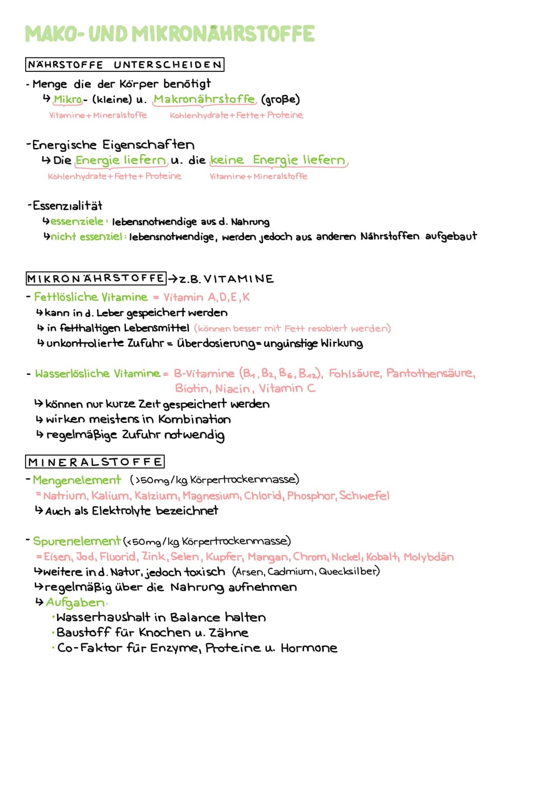 MAKO-UND MIKRONÄHRSTOFFE
NÄHRSTOFFE UNTERSCHEIDEN
- Menge die der Körper benötigt
Mikro- (kleine) u. Makronährstoffe, (große)
Vitamine + Min