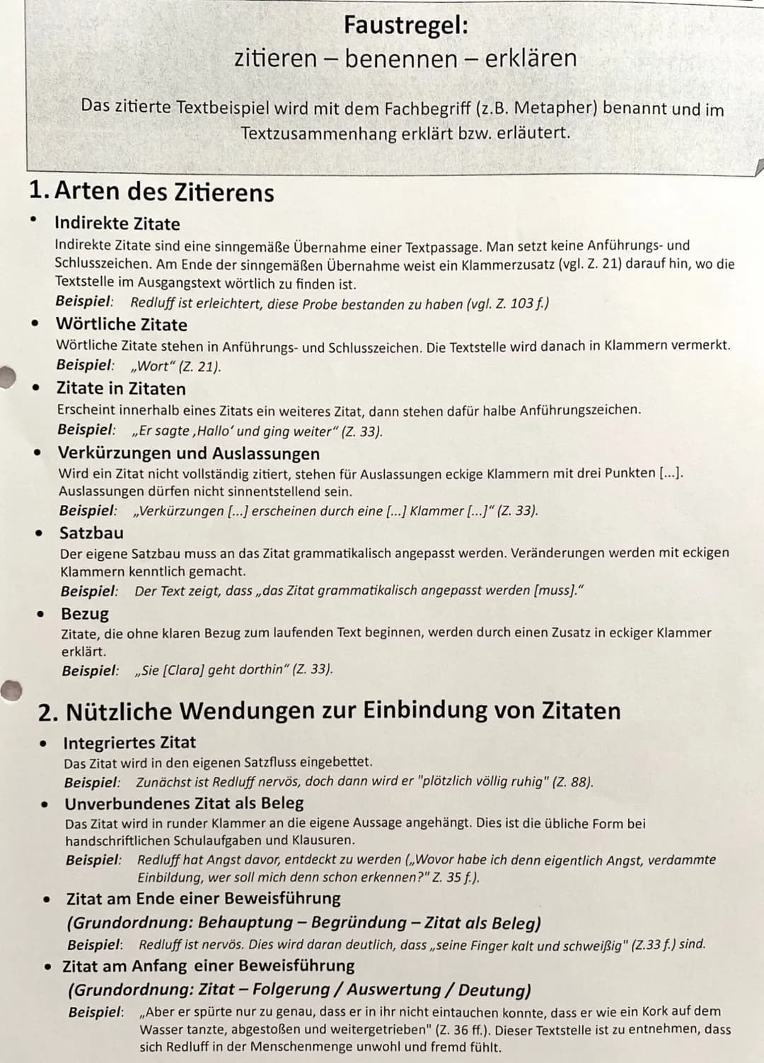 ●
1. Arten des Zitierens
Indirekte Zitate
Indirekte Zitate sind eine sinngemäße Übernahme einer Textpassage. Man setzt keine Anführungs- und