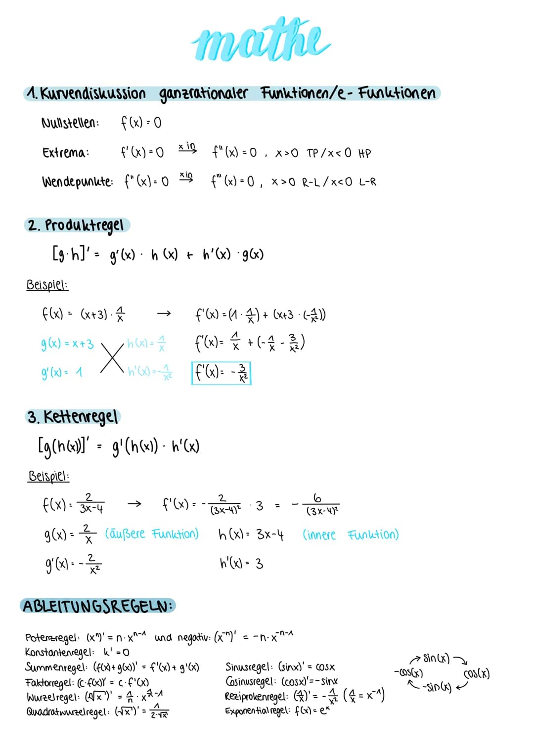 1. Kurvendiskussion
Nullstellen: f(x) = 0
Extrema: f'(x) = 0
2. Produktregel
Wendepunkte: f(x) = 0 x is
Beispiel:
f(x) = (x+3)
g(x)=x+3
g'(x