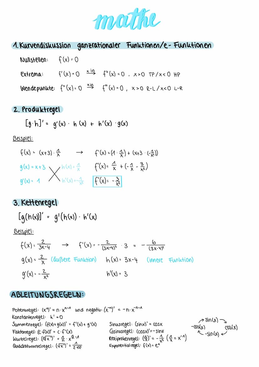 1. Kurvendiskussion
Nullstellen: f(x) = 0
Extrema: f'(x) = 0
2. Produktregel
Wendepunkte: f(x) = 0 x is
Beispiel:
f(x) = (x+3)
g(x)=x+3
g'(x
