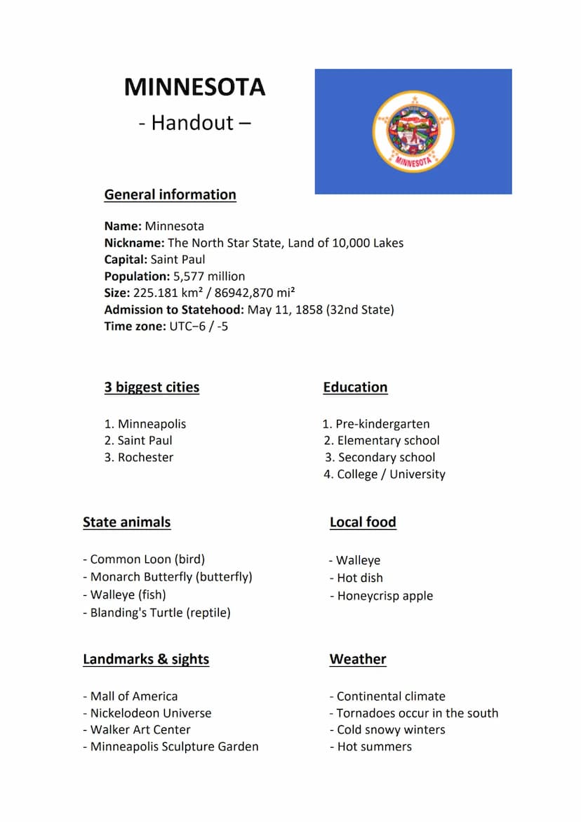 MINNESOTA
- Handout-
General information
Name: Minnesota
Nickname: The North Star State, Land of 10,000 Lakes
Capital: Saint Paul
Population