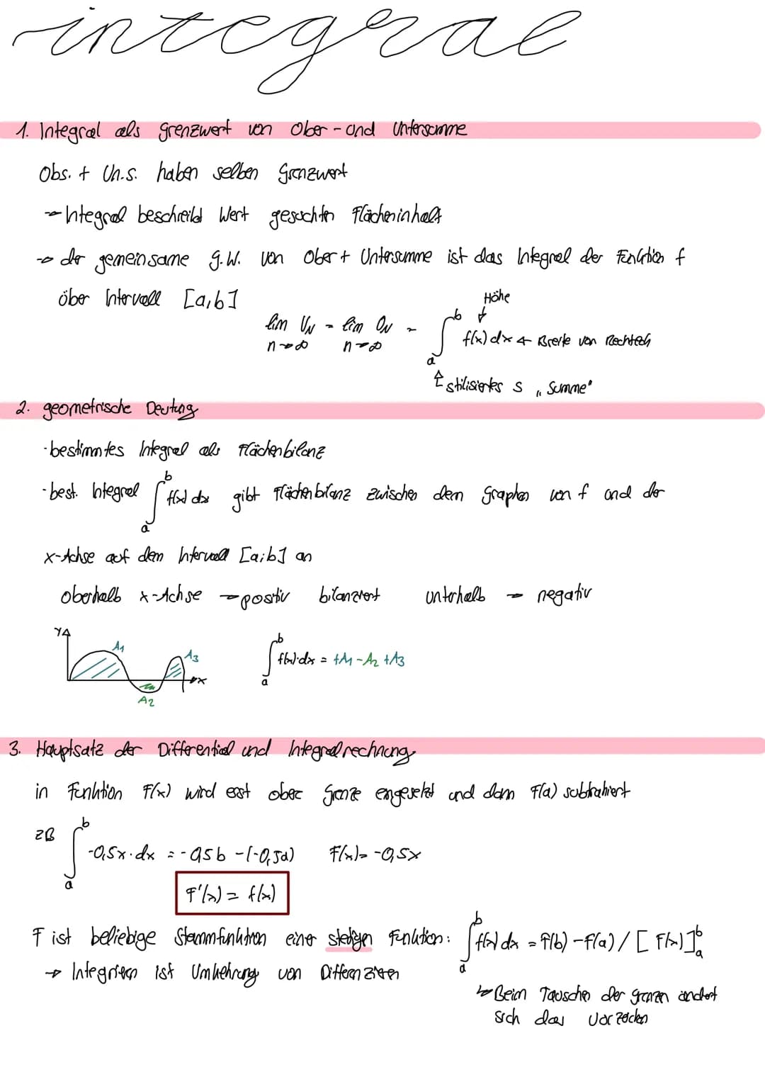 integral
1. Integral als grenzwert von Ober- and Untersumme
Obs. + Un.s. haben selben Grenzwert
- Integral beschreilet Wert gesuchten Fläche
