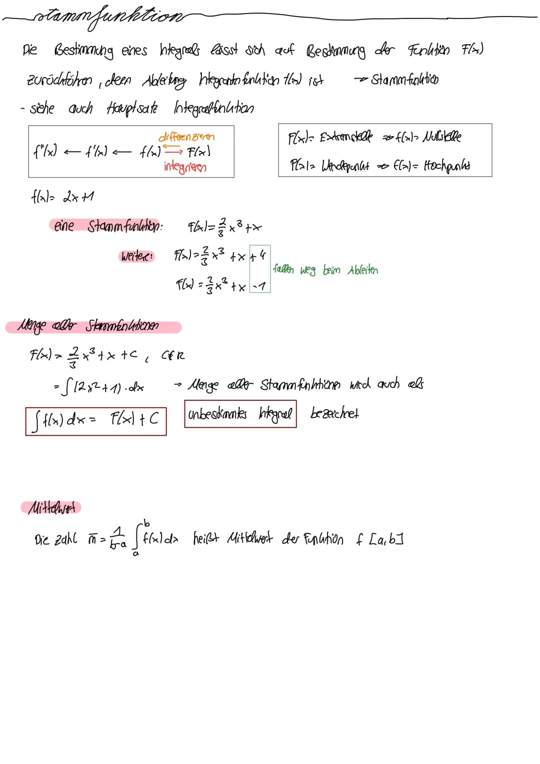 integral
1. Integral als grenzwert von Ober- and Untersumme
Obs. + Un.s. haben selben Grenzwert
- Integral beschreilet Wert gesuchten Fläche