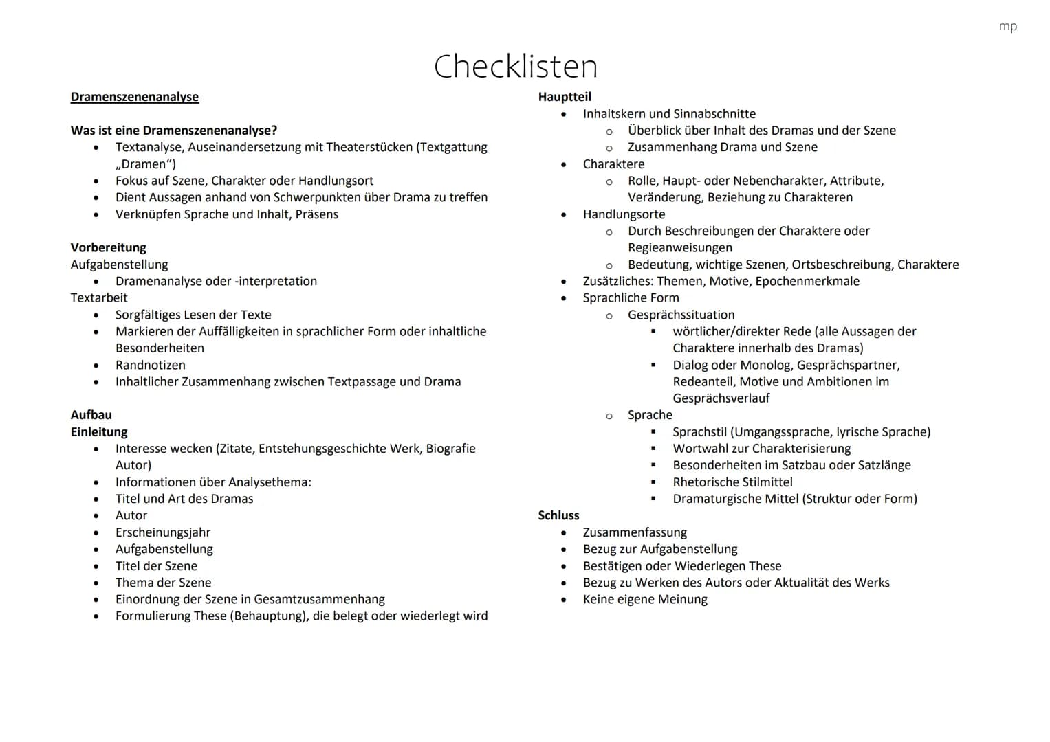 mp
uu
Dramenszenenanalyse
Was ist eine Dramenszenenanalyse?
•
Checklisten
Textanalyse, Auseinandersetzung mit Theaterstücken (Textgattung
,,