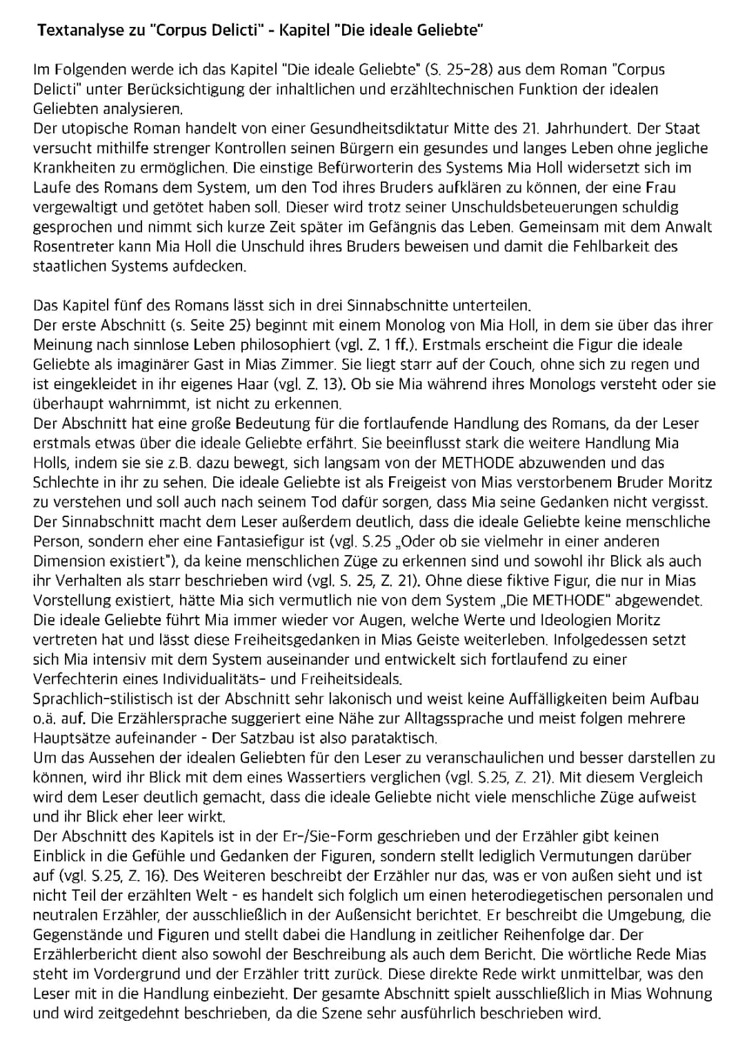 Kapitelanalyse Corpus Delicti - „Ideale Geliebte“