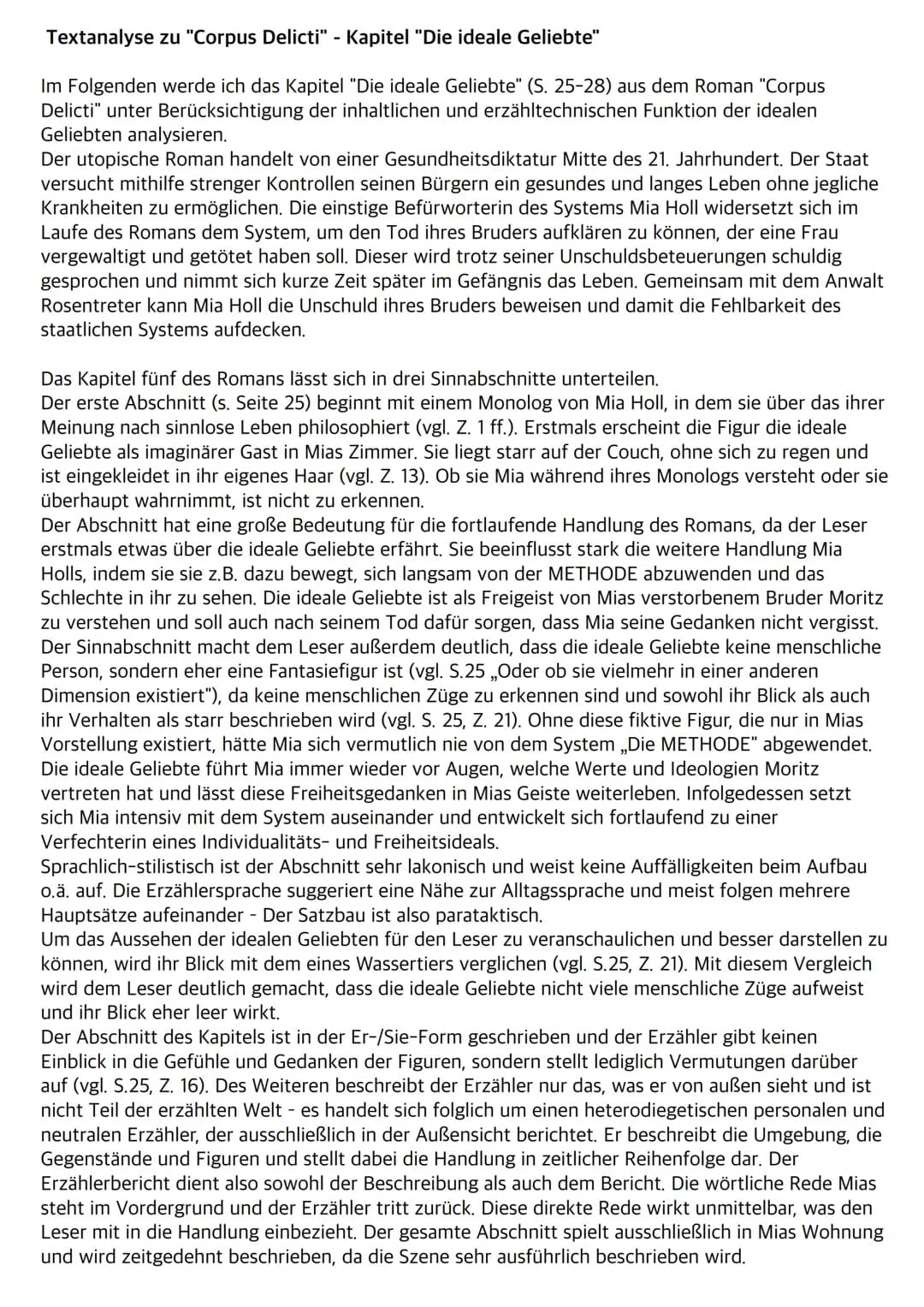 Textanalyse zu "Corpus Delicti" - Kapitel "Die ideale Geliebte"
Im Folgenden werde ich das Kapitel "Die ideale Geliebte" (S. 25-28) aus dem 