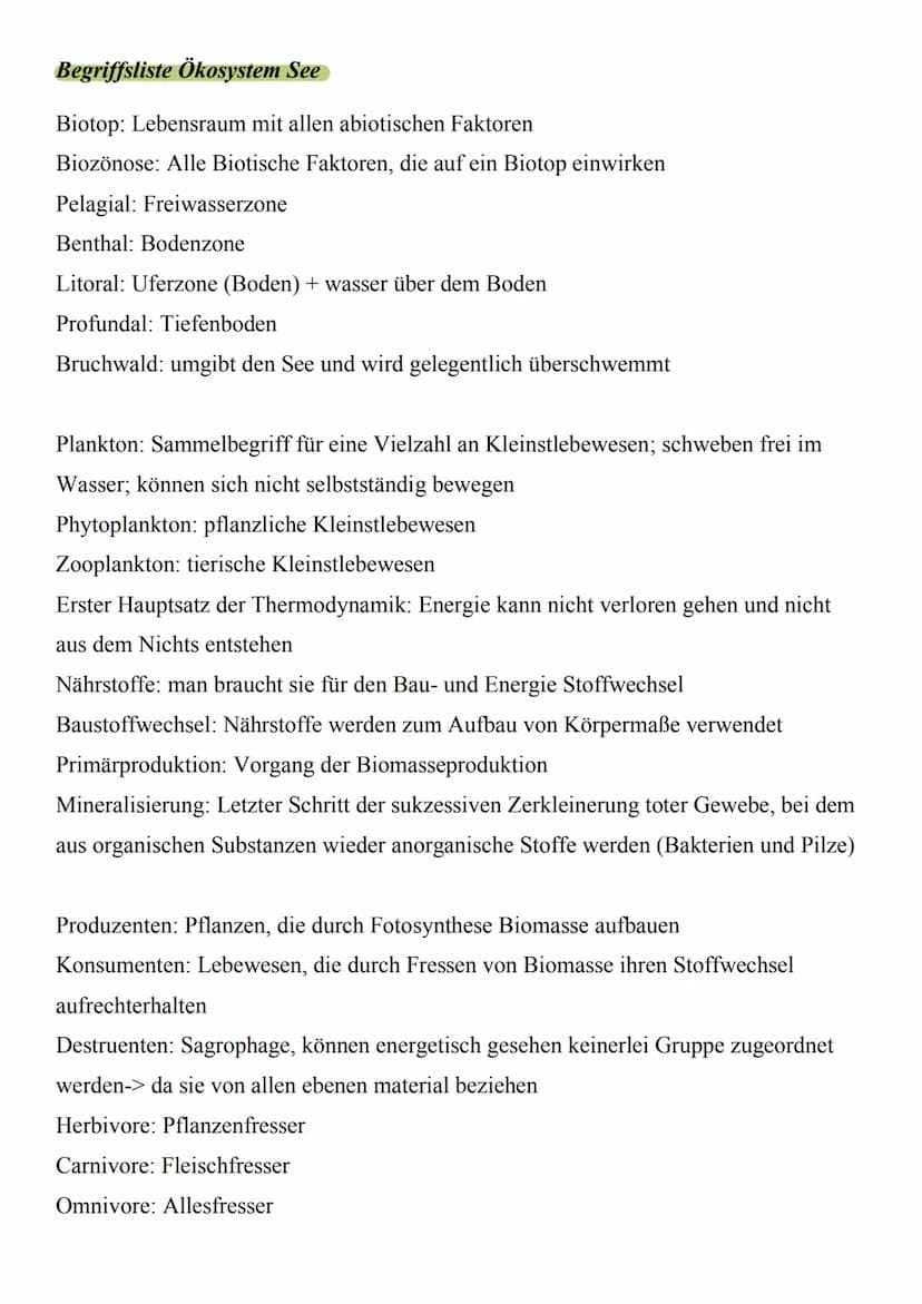 Was ist das Ökosystem See?
o Besteht aus vielen verschiedenen
Pflanzen und Tieren, die dort
zusammenleben (Biozönose)
o Unbelebter teil des 
