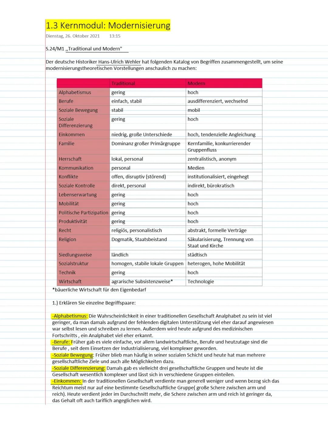 1.3 Kernmodul: Modernisierung
Dienstag, 26. Oktober 2021 13:15
S.24/M1,,Traditional und Modern"
Der deutsche Historiker Hans-Ulrich Wehler h